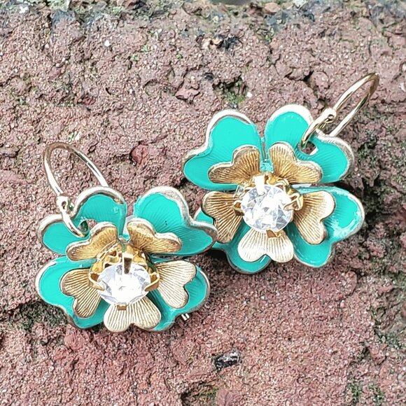 Green Enamel Flower Earrings on 14k Gold Fill Shamrocks St. Pat's handmade - Picture 1 of 3